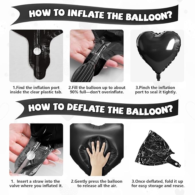 Black Silver Heart Balloons, 10 Pcs 18 Inch Metallic Silver Black Heart Shaped Balloon Foil Balloons Helium for Boys Men Brithday Bridal Baby Shower Valentines Day Halloween Party Decorations
