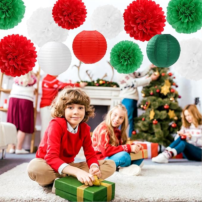 Red-Green White Party-Decorations Christmas Flowers Lanterns - 15PCS Italian Mexican Independence Day Paper Tissue Pom Poms Streamers,Mexico Italy Birthday Baby Shower Wedding Hanging Decor Hugfond
