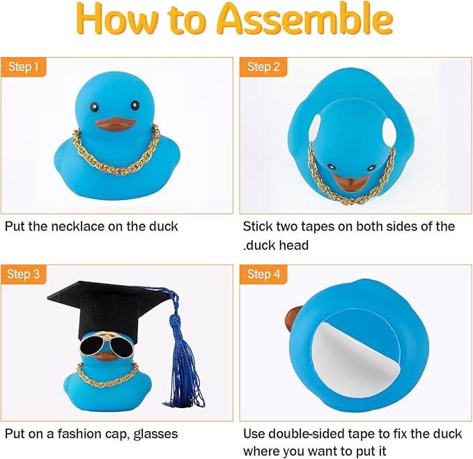 wonuu Car Dashboard Decor Graduation Hat Color Rubber Duck, Car Ducks Ornaments with Mini Graduation Hat Necklace Sunglasses (Blue)