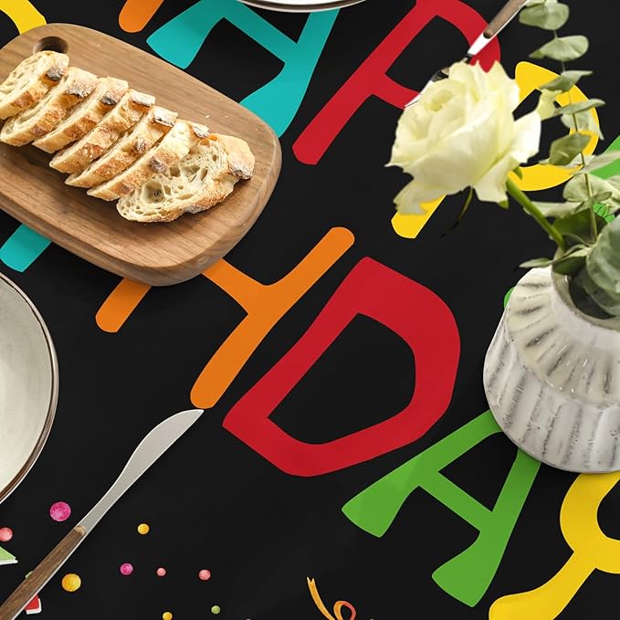 Horaldaily Birthday Tablecloth 90x90 Inch Round, Happy Birthday Ballon Black Washable Seasonal Table Cover for Party Picnic Dinner Decor