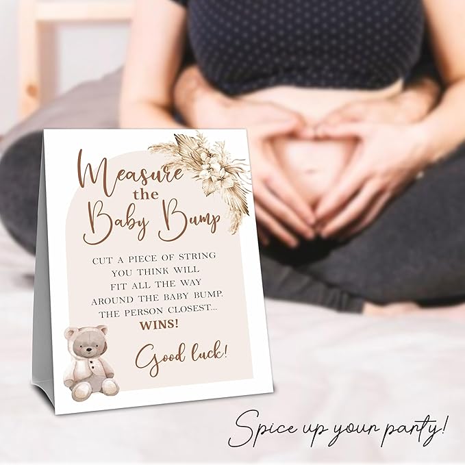 Baby Shower Measure The Baby Bump Game Set - Boho Bear Arch - 1 Self-Standing Sign And 50 Tickets - Gender Reveal, Baby Shower, Baby Announcement Activity & Party Favor Supplies - A03