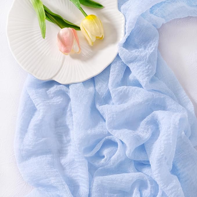 Socomi Blue Easter Spring Gauze Cheesecloth Table Runner 120 Inch Rustic Boho Cheese Cloth Runner for Wedding Party Baby Bridal Shower Centerpiece Decoration Holiday Home Decorations