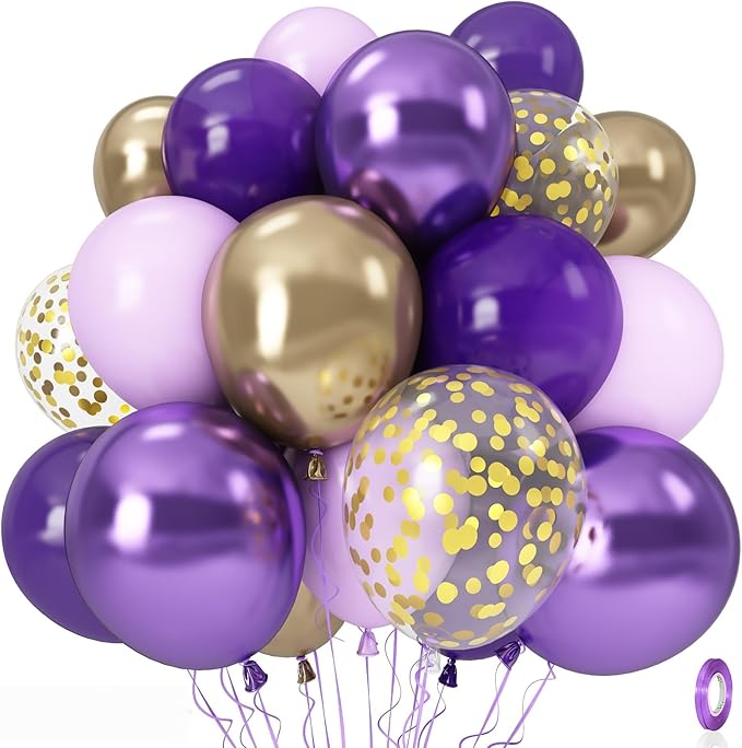 Purple and Gold Balloons, 12 Inch 35PCS Dark Pastel Purple Lavender Balloons with Metallic Gold Confetti Balloon for Girls Women Wedding Baby Shower Butterfly Princess Theme Birthday Party Decorations