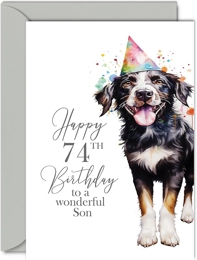74th Birthday Cards for Son - Party Dog - Happy Birthday Card for 74 Year Old Son from Dad Mum, 5x7 Inch Bday Men Man Him Greeting Cards Gift for Son Birthday Gifts