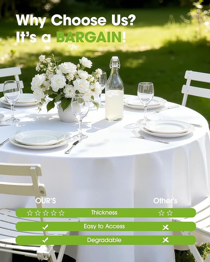 Pureegg Plastic Table Cloth Disposable 6 Pack, 84'' Round Table Cloths, Party, Picnic, Wedding, Decorative Tablecloths, Round, White Plastic Cover, Waterproof, White