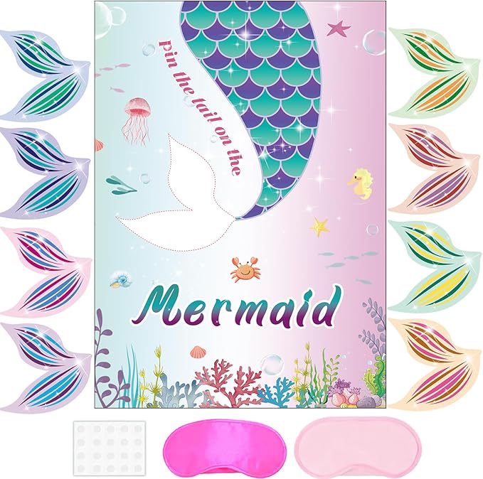 T-Antrix Pin The Tail on The Mermaid Game -Mermaid Party Game for Girls with 21'' x 28'' Poster, Reusable Tails Sticker Party Supplies for Kids Girls Birthday Party Favor Sets
