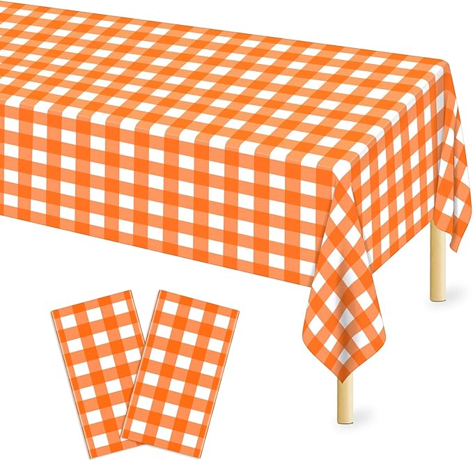 Mulbozy Orange Gingham Tablecloth 2 Pack, 54 x 108 Inch Plastic Table Cloth Disposable, Orange and White Checkered Table Cover for Party Supplies