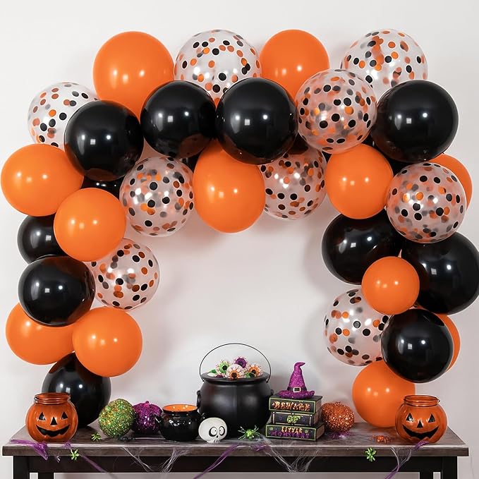Patimate Black Orange Halloween Balloons Set, 50 pcs 12 inch Orange Black Confetti Latex Balloons Kit for Halloween Baby Shower Spooky Birthday Graduation Motorcycle Party Decorations