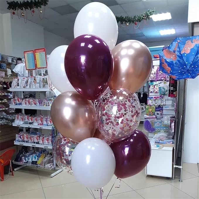 Burgundy Red Balloons, 35PCS Maroon and White Latex Balloons, Wine Red and Rose Gold Confetti Balloon for Birthday Wedding Anniversary Engagements New Year Valentines Day Party Decorations Supplies