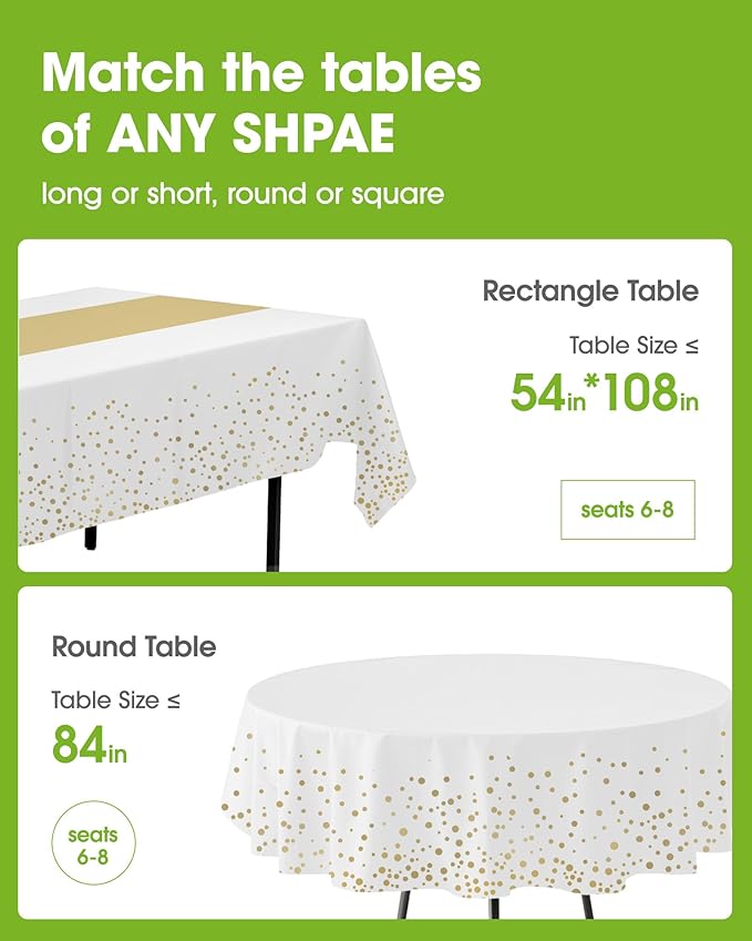 Pureegg Plastic Table Cloth Disposable 10 Pack, 54 x 108 Inch, Table Runner Style, Graduation Decorations 2026, Party Tablecloths, Rectangle, Plastic Cover, Leakproof & Sturdy, White Gold
