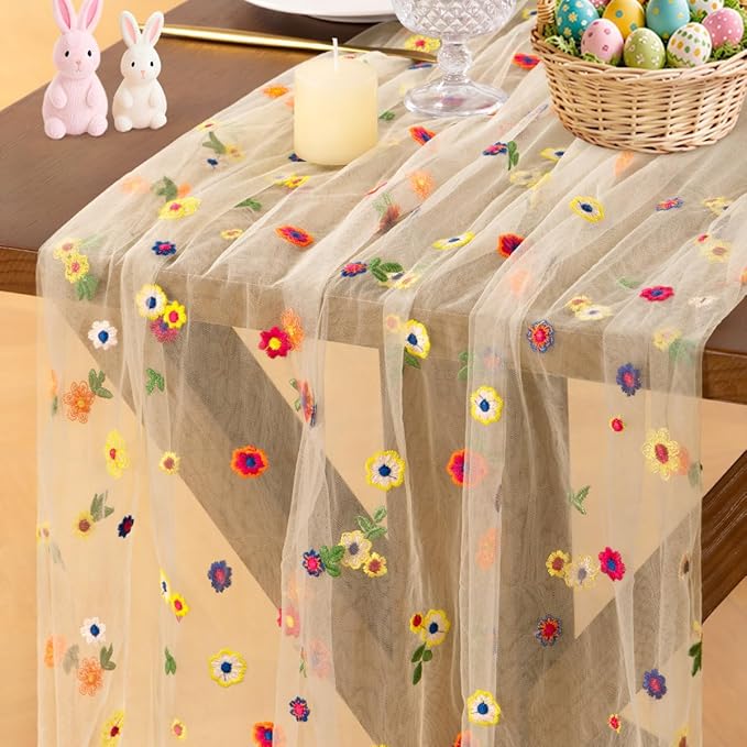 Socomi Embroidery Daisy Spring Easter Floral Wildflower Tulle Gauze CheeseclothTable Runners for Wedding Party Baby Shower Birthday Holiday Picnic Home Decor Champagne 3pcs
