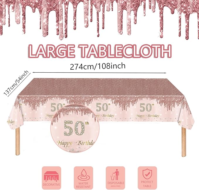 121Pcs 50th Birthday Party Supplies Plates Napkins Cups Forks Tablecloth Rose Gold Happy 50th Birthday Themed Disposable Tableware Decorations Serves 24 Guests for Women Ladies 50 Years Old Birthday
