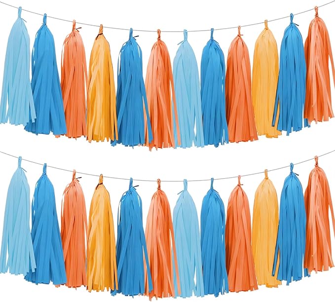 Orange and Blue Paper Tassel, 20 Pack, Party Decorations for Birthday, Baby Shower, Sprot Game,Graduation