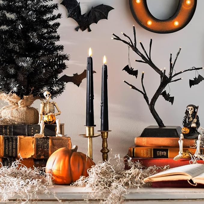 Black Flameless Taper Candles with Remote and Timer - 9.65 Inch Real Wax LED Candlesticks - Wax Drip Battery Operated Halloween Taper Candles with 3D Flickering Flame Halloween Decor, 3 Pack