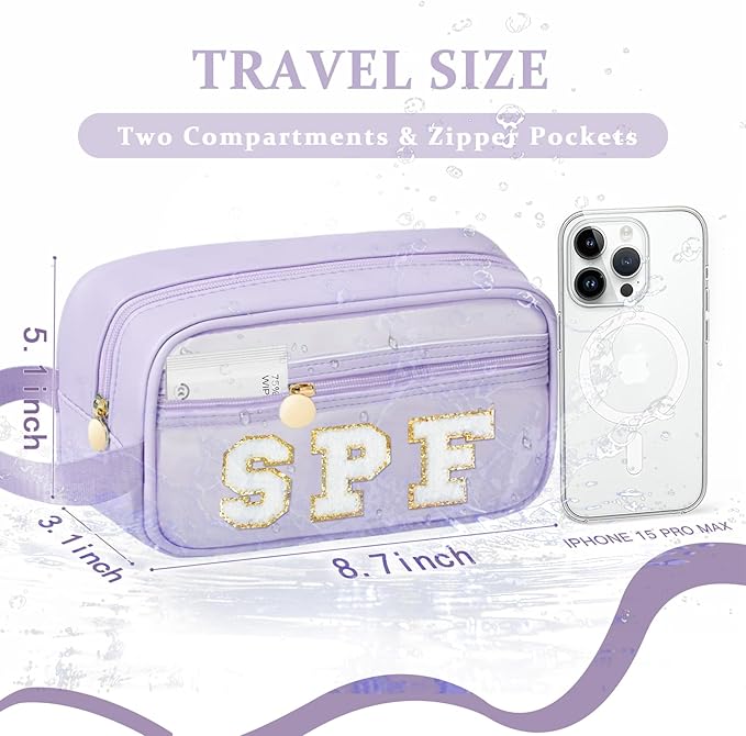 COSHAYSOO Clear Sunscreen Bag Makeup Toiletries Pouch Beach Vacation Essentials Summer Travel Stuff Accessories Personalized Graduation Gifts for Her Women College Teen Girls Teacher Nurse Purple SPF