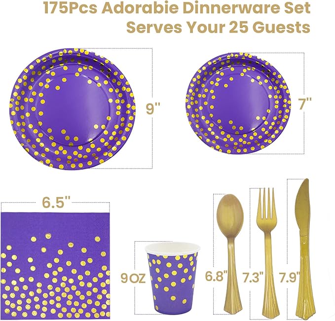 AIRE 175PCS Purple Gold Paper Plates Party Supplies for 25 Guests Party Decorations Disposable Dinnerware Paper Plates Cups Napkins Gold Plastic Forks Knives Spoons for Birthday Baby Shower Wedding