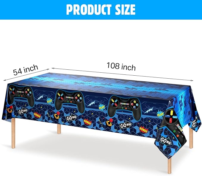 Tatuo 3 Pcs Video Game Table Cover, Game Theme Birthday Decoration Plastic Table Cloth Party Supplies for Boys Girls Kids Player Geek Party Decorations, 54 x 108 Inch (Blue)