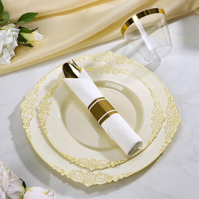 175PCS Ivory Plastic Plates for 25 Guests Disposable Dinnerware Sets Include 50 Plastic Plates, 25 Silverwares, 25 Cups, and 25 Pre Rolled Napkins for Party, Wedding and Graduation