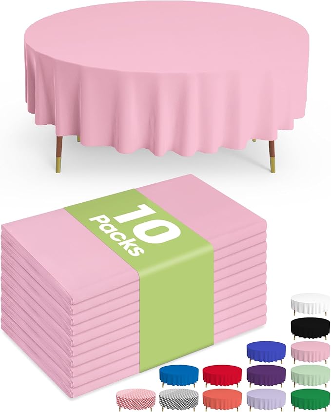 Pureegg Plastic Table Cloth Disposable 10 Pack, 84'' Round Table Cloths, Easter Party, Valentines, Mothers Day Decorations, Tablecloths, Round, Pastel Plastic Cover, Leakproof & Sturdy, Pink