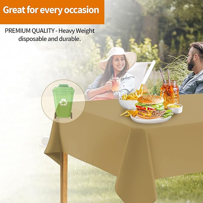 Gold Disposable Plastic Tablecloth for Rectangle Tables (12 Pack) Premium Decorative Table Cloth for Parties, Events & Weddings, Indoors & Outdoors, 54 x 108 inches, Plastic Table Cover