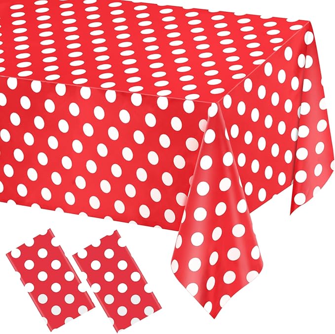 WNINK 2 Pack Red and White Polka Dot Tablecloths – Disposable Plastic Waterproof Table Cover, 54" x 108", for Birthday, Wedding, Bridal Shower, Bachelor Party, and Picnic