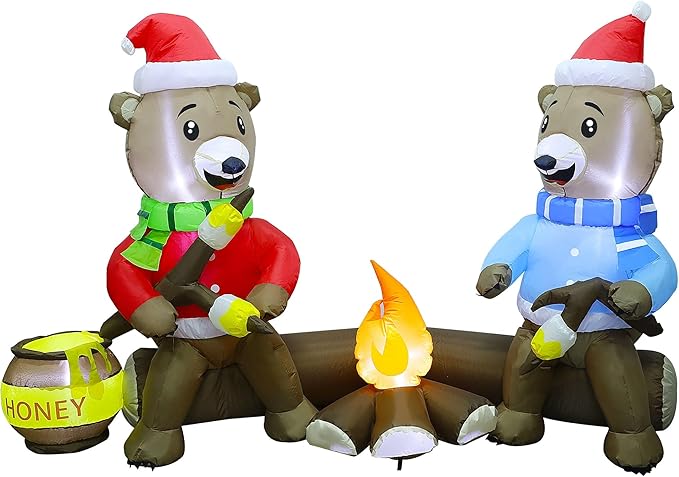 Joliyoou 7FT Christmas Inflatable Decorations, Light Up Sitting Bears Roasting Marshmallows Over Campfire, Xmas Lighted Blowups for Winter Yard Lawn Garden Indoor Outdoor Decor