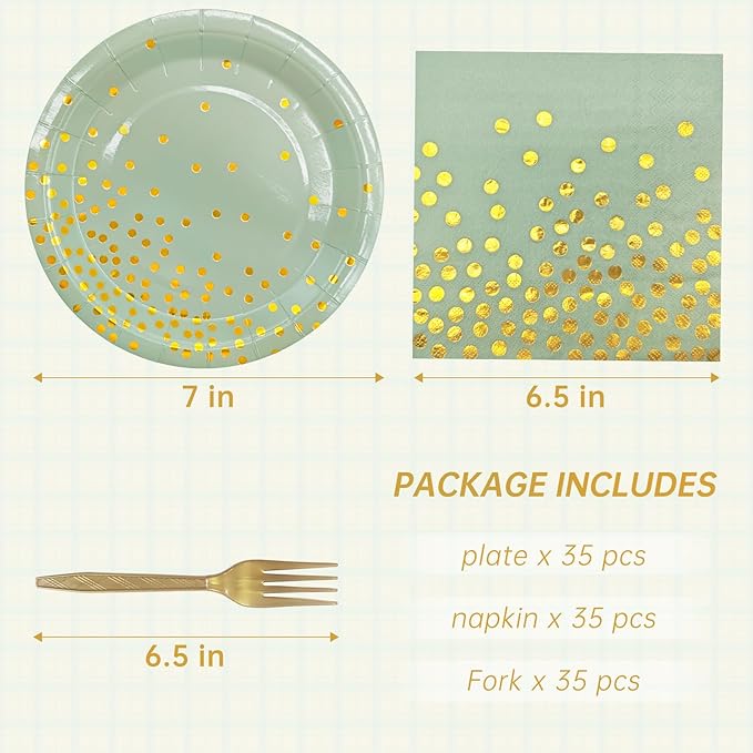 Serve 35 Guests Sage Green and Gold Party Supplies,7 Inch Disposable Sage Green Dessert Paper Plates and Napkins for Wedding Birthday Party