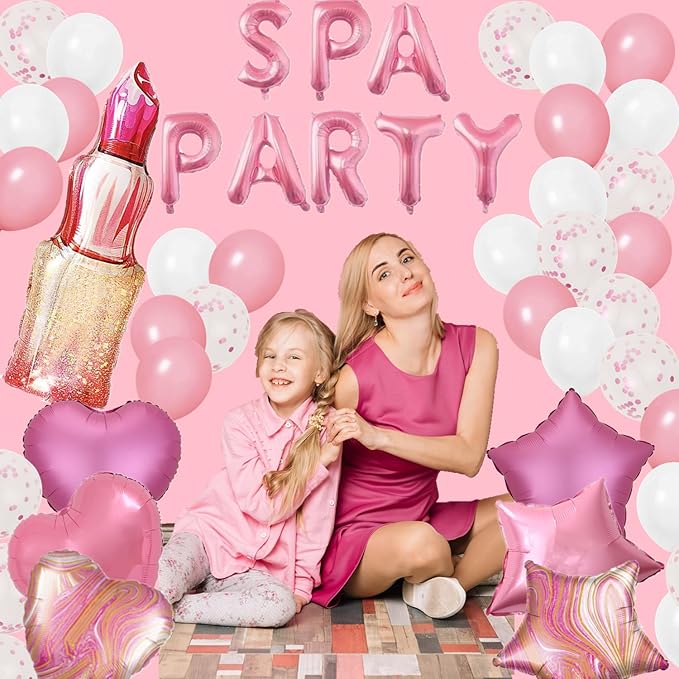46 Pieces Spa Party Decorations Balloons Spa Theme Birthday Party Supplies Lipstick Cosmetics Balloons Foil Fringe Curtains for Girls Spa Day Makeup Party (Light Pink)