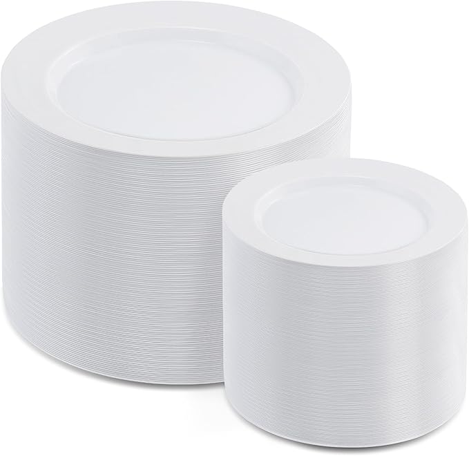 AOZITA 200 PCS White Plastic Plates, Premium Heavy Duty Disposable Plates for Party, 100 Dinner Plates & 100 Salad Dessert Plates, Sturdy Hard Plastic Dinnerware for Wedding, Events