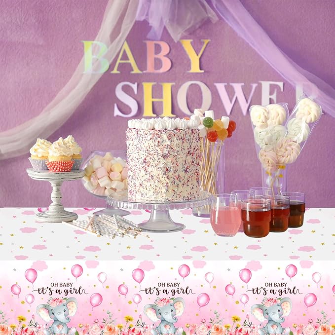6 Pack Elephant Baby Shower Decorations - Plastic Tablecloth Table Cover Backdrop for Boy Girl Gender Party Supplies, 54 x 108 Inch, Pink