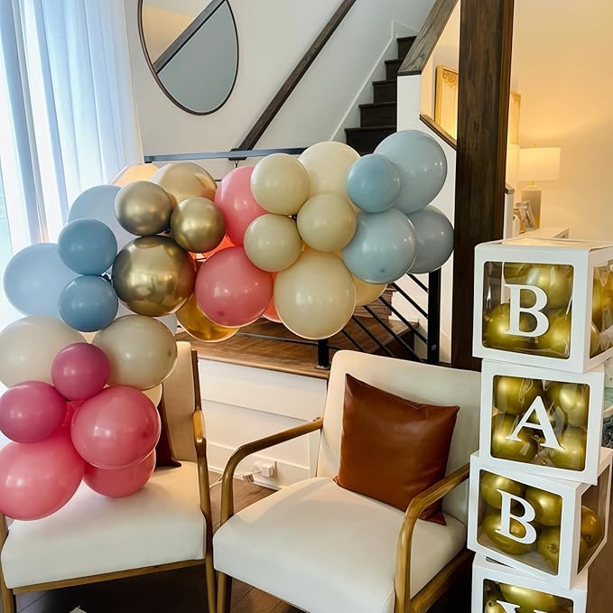 Gender Reveal Balloon Arch Garland Kit, Dusty Pink and Blue Balloons Metallic Gold Sand White Balloons for Gender Reveal Boho Bachelorette Birthday Baby Shower Bridal Bear Theme Party Decorations