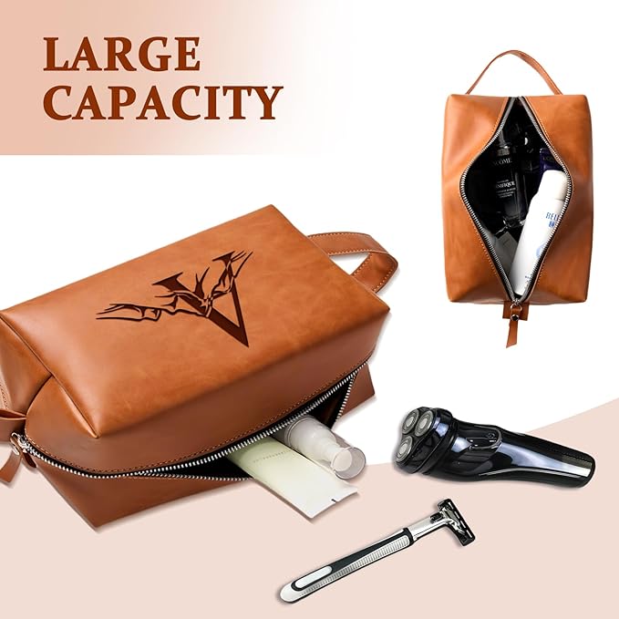 Personalized Gifts Travel Toiletry Bag for Men Engraved Initial PU Leather Waterproof Shaving Bag for Toiletries Accessories Fathers Day Birthday Gift for Men Dad Husband Son, Light Brown P