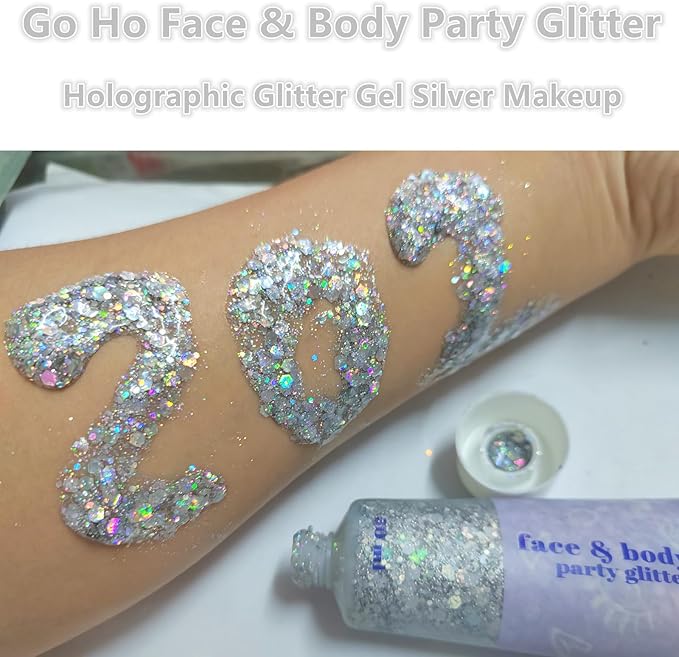 Go Ho Silver Face Body Glitter Gel,Singer Concerts Silver Face Paint Makeup,Holographic Chunky Glitters for Hair/Lip/Nails on Party Halloween Makeup,Festival Rave Accessories,52g