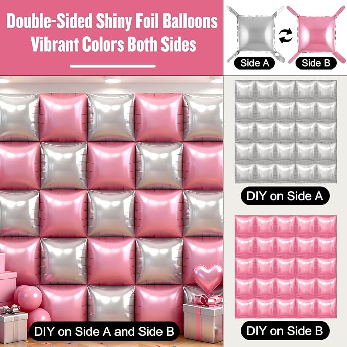 50Pcs Pink and Silver Square Foil Balloons Wall Backdrop, Double Sided Metallic Foil Balloons Tunnel Arch Garland Kit for Photo Booth Birthday Wedding Halloween Christmas Party Decorations