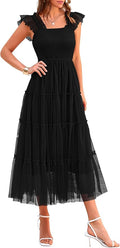 PRETTYGARDEN Women's Summer Tulle Midi Dress Sleeveless Smocked Ruffle Flowy Mesh Dresses Party Wedding Guest Sundress