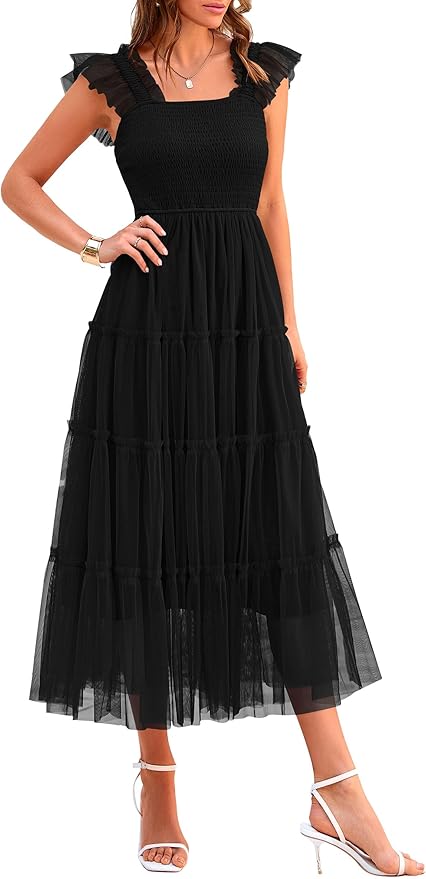 PRETTYGARDEN Women's Summer Tulle Midi Dress Sleeveless Smocked Ruffle Flowy Mesh Dresses Party Wedding Guest Sundress