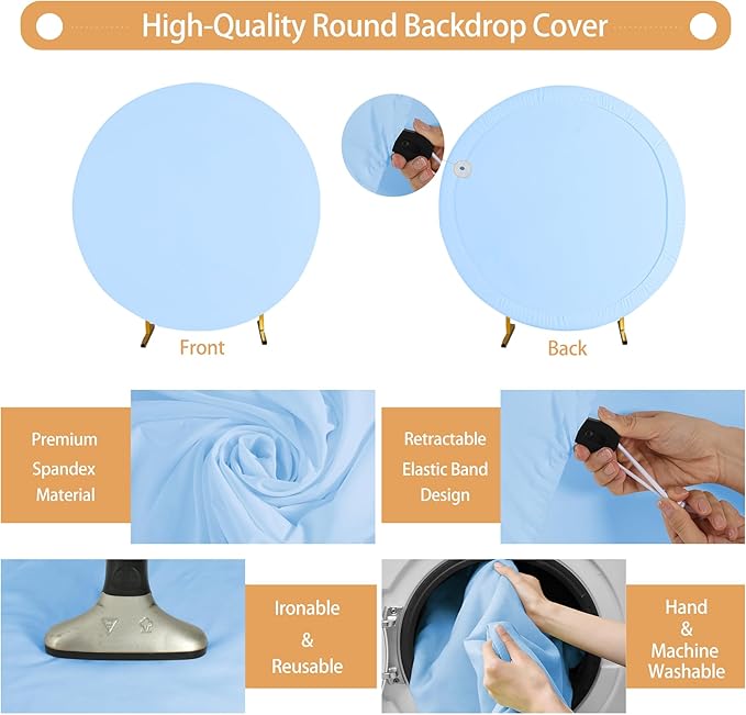 Gallety 7.2FT Baby Blue Round Backdrop Cover with Size Adjuster & 4 Metal Clips, Universal Fit for 5ft-7.2ft Circle Stand, Polyester Fabric Arch Cover for Wedding, Birthday Party, Photography Decor