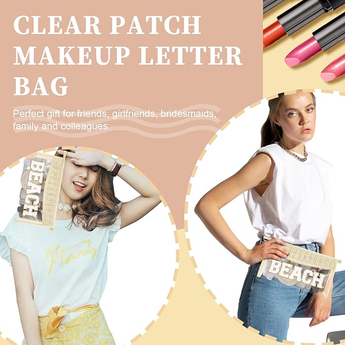 Iqimott Boho Patch Stuff Bag Clear Makeup Letter Bag, Waterproof Zipper Make up Bag Toiletry Pouch, Beach-Beige