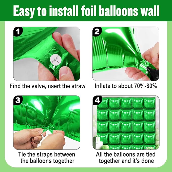 25Pcs Green Square Foil Balloons Wall Backdrop, Double Sided Metallic Foil Balloons Tunnel Arch Garland Kit for Photo Booth Birthday Wedding Graduation Halloween Party Decorations