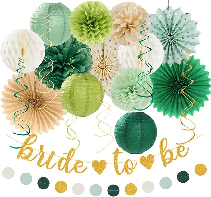 Sage Green Champagne-Gold Bachelorette Party-Decorations - 21pcs Baby Bridal Shower Banner Garland, Bride To Be Paper Streamers Lanterns,flower Tissue Pom Poms Fan,Wedding Backdrop Decor Huglony