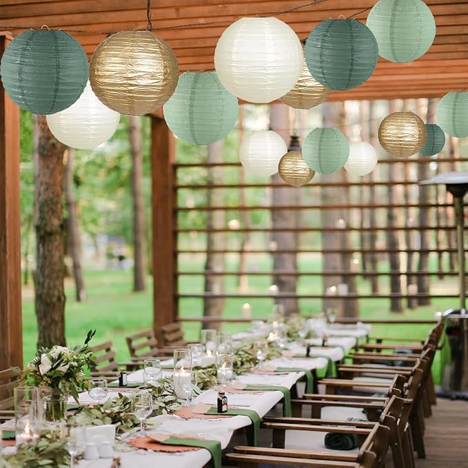 Paper Lanterns Decorative, Round Hanging Paper Lanterns Decorations for Rustic Party Bridal Shower Wedding Sage Green Birthday Party Supplies Gold/Ivory/Sage Green 15pcs
