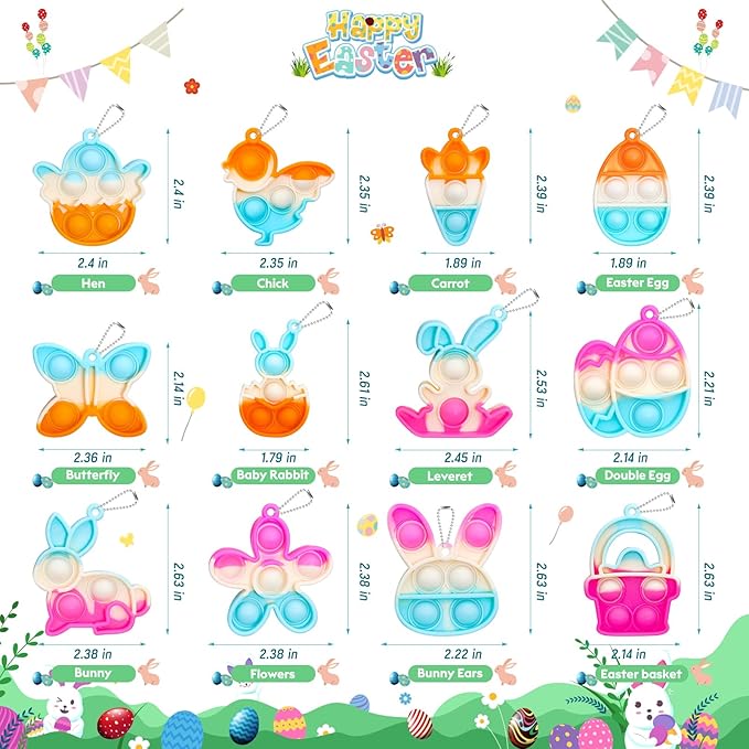 Easter Pop Fidget Toys Bulk Its 24 Pack Easter Party Favors for Kids Easter Egg Fillers Basket Stuffers Mini Pop Keychain It Goodie Bag Stuffers Fidgets for Classroom Prizes Kids Party Supplies Gifts