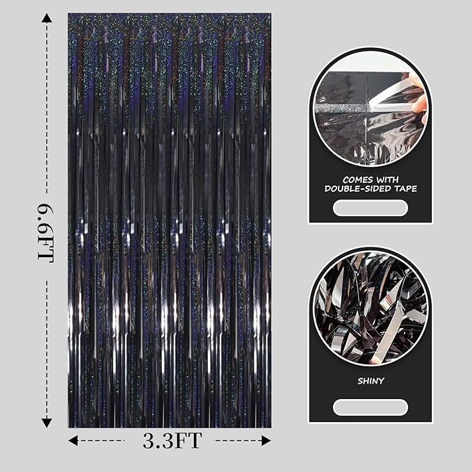 QRabbit 4 Pack Black Tinsel Foil Fringe Curtains - 3.3x6.6 Ft Metallic Party Streamers Backdrop for Birthday Wedding Christmas Party Decor, Self-Adhesive Photo Booth Wall Door Decorations