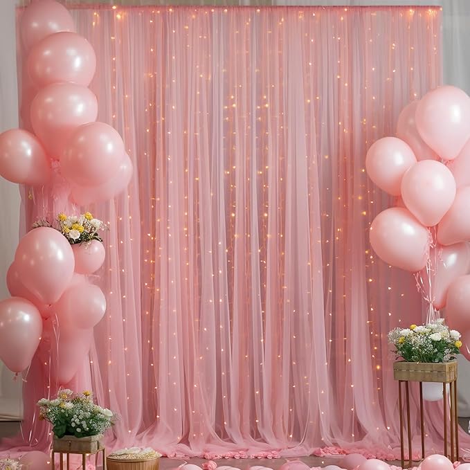 20×10ft Dusty Rose Tulle Backdrop Curtain with Lights String for Parties, Sheer Curtain Backdrop Drapes for Wedding Party Home Decorations