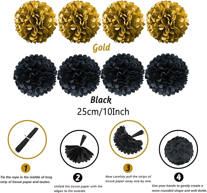 ZERODECO Party Decorations, 41 Pcs Black and Gold Papar Fans Pompoms Garlands String Tissue Paper Tassel for Graduation Congrats Grad New Years Wedding Birthday Party
