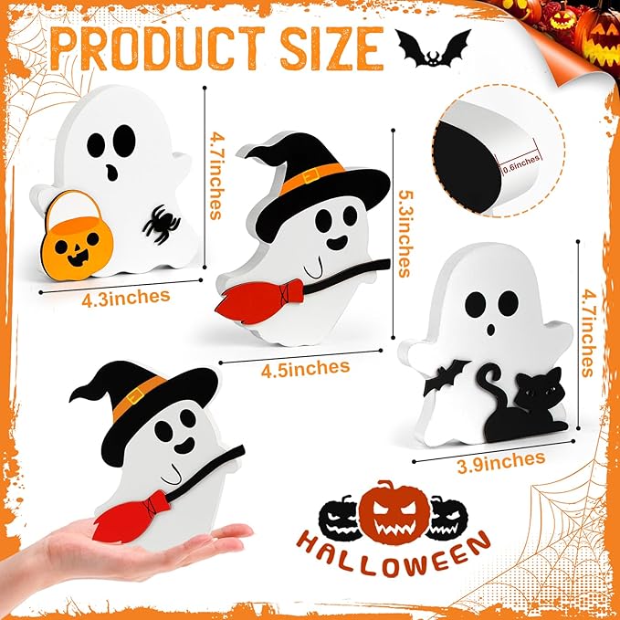 COCHIE Cute Ghost Halloween Decorations Indoor, Wooden Tiered Tray Decor Table Sign Set of 3, Black Cat Bat Witch Broom Signs Pumpkin Blocks for Party Home Shelf Display (A-Ghost)
