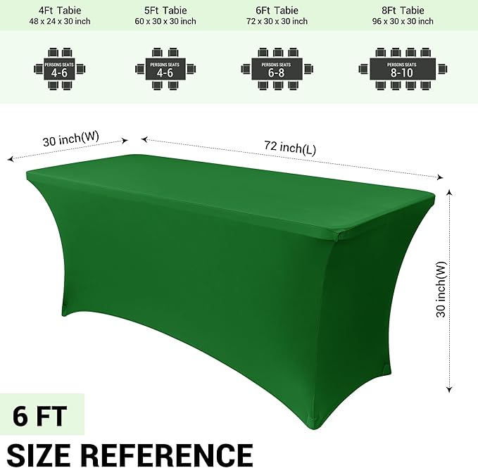 Obstal 6ft Stretch Spandex Table Cover for Standard Folding Tables - Universal Rectangular Fitted Tablecloth Protector for Wedding, Banquet and Party, 72L x 30W x 30H Inches, Emerald Green, 2pc