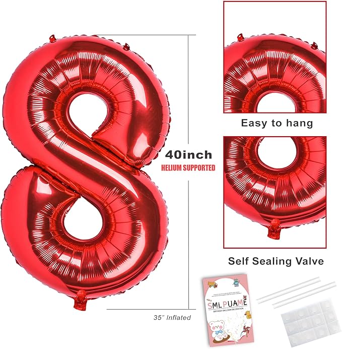 Smlpuame 40 inch Number Balloon 0-9 Red Large Number 8 Balloons,Digital Balloons for Birthday Party Celebration Decorations Supplies, Helium Foil Number Balloons for Wedding Anniversary