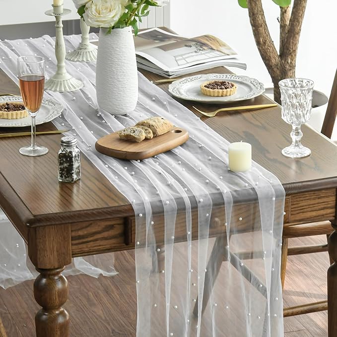Artoid Mode Pearl Gauze Table Runner 120 Inch 10FT, Seasonal Sheer Dining Holiday Wedding Birthday Baby Shower Table Decor for Home Party