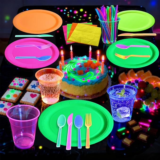Glow in the Dark Party Supplies, Including Colorful Plates Napkins Tablecloth Happy Birthday Banner with UV Black Light Reactive and Dinnerware for Neon Themed Birthday Party, Serves 20